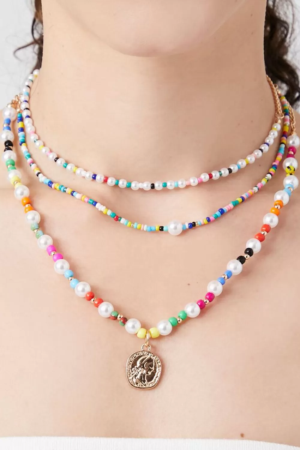 Necklaces>Forever 21 Layered Beaded Faux Pearl Necklace Gold/Multi