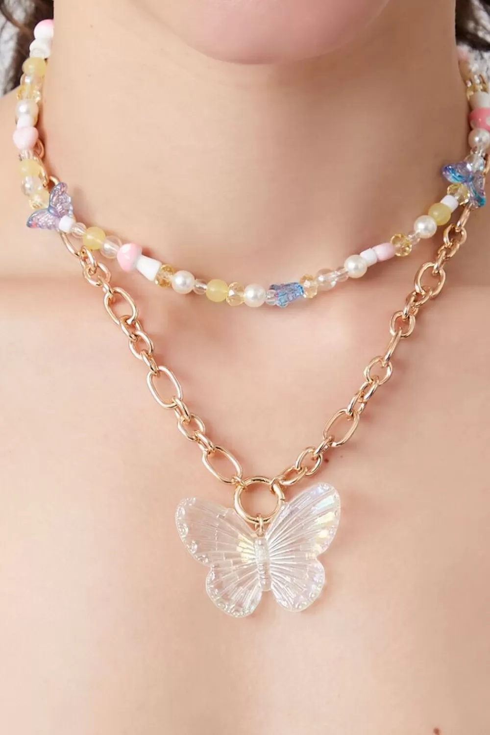 Necklaces>Forever 21 Layered Butterfly Bead Necklace Gold/Multi