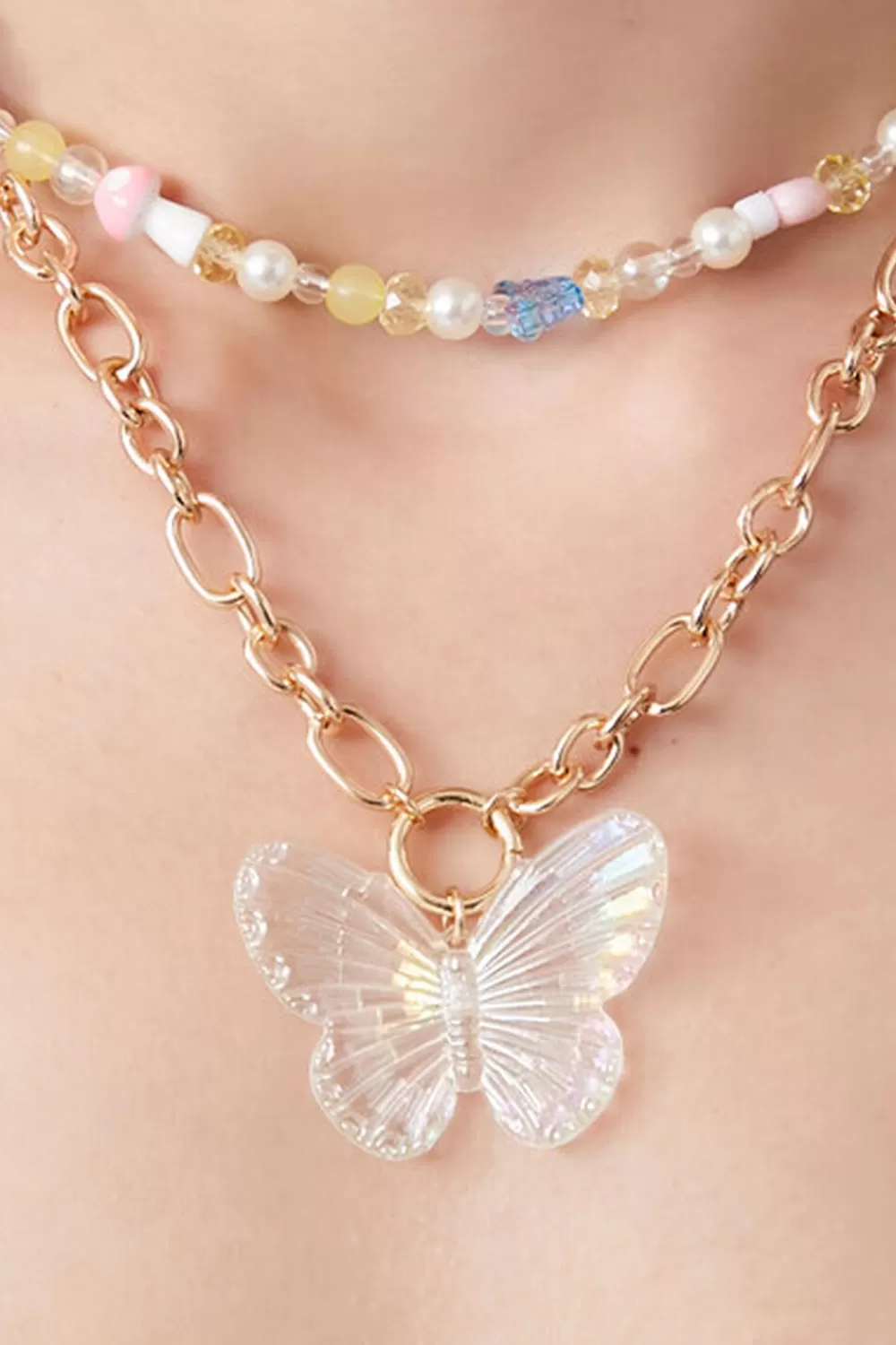 Necklaces>Forever 21 Layered Butterfly Bead Necklace Gold/Multi