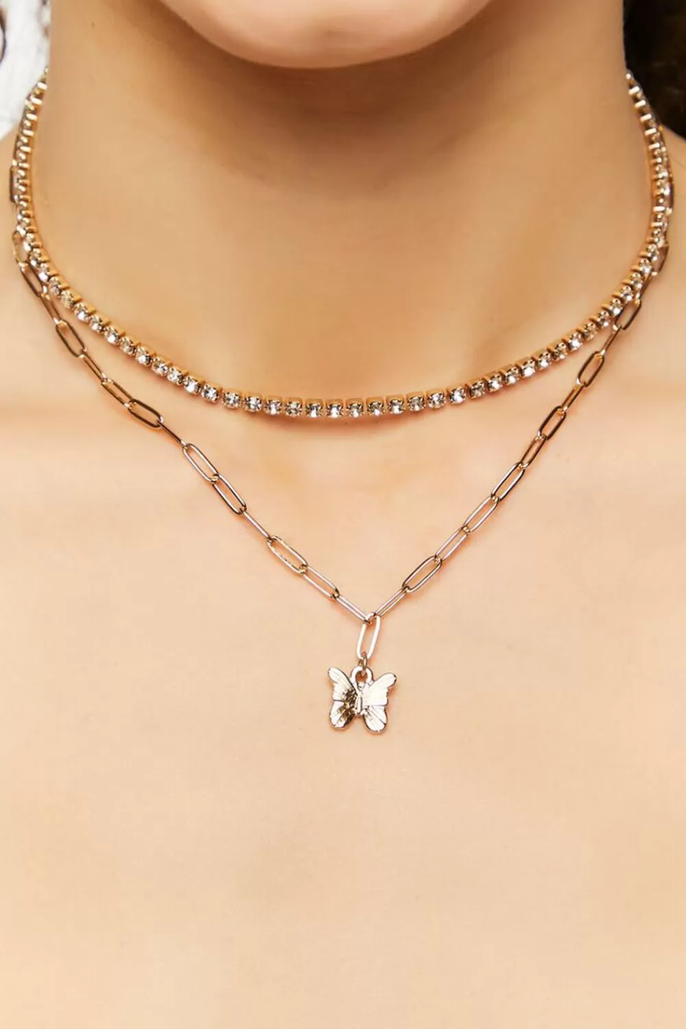 Necklaces>Forever 21 Layered Rhinestone Butterfly Necklace Gold/Clear