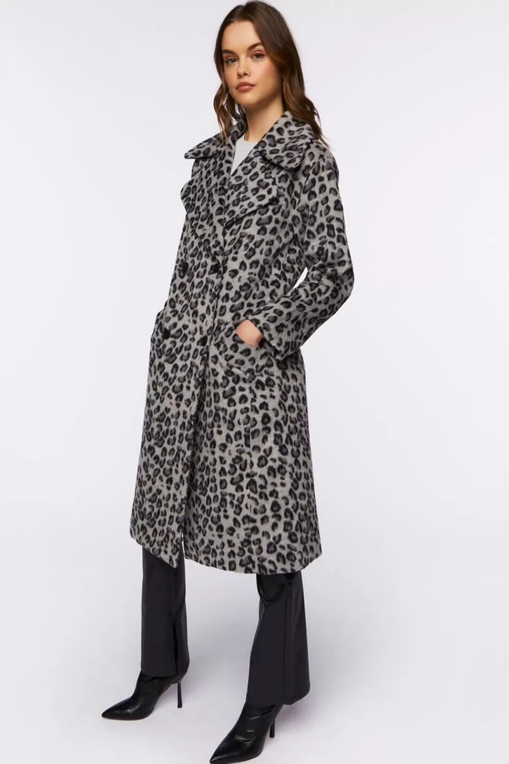 Jackets + Outerwear>Forever 21 Leopard Print Duster Coat Grey/Multi