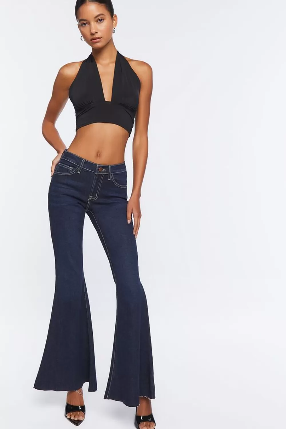 Bottoms>Forever 21 Low-Rise Flare Jeans Dark Denim