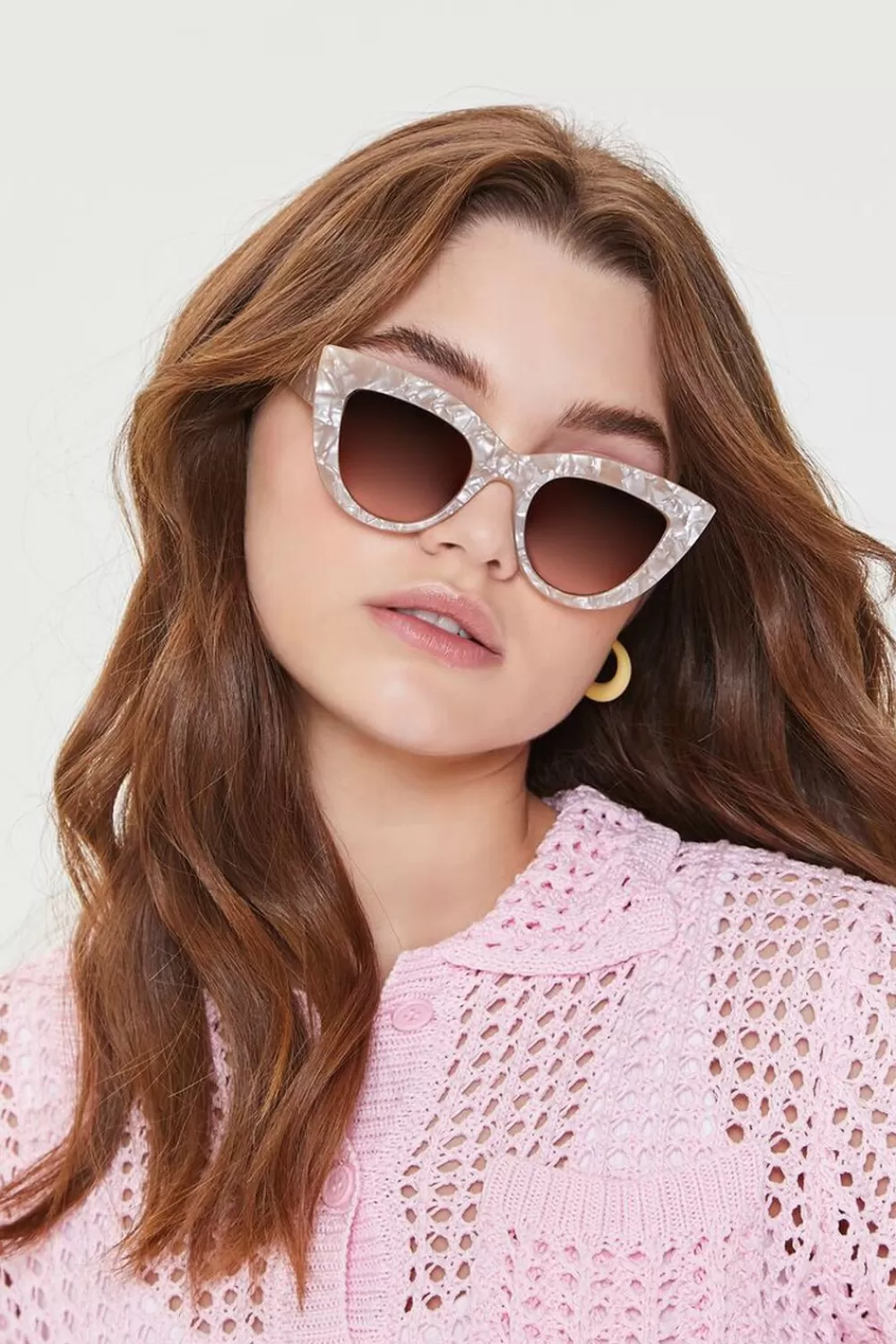 Sunglasses + Readers>Forever 21 Marble Cat-Eye Sunglasses Cream/Brown