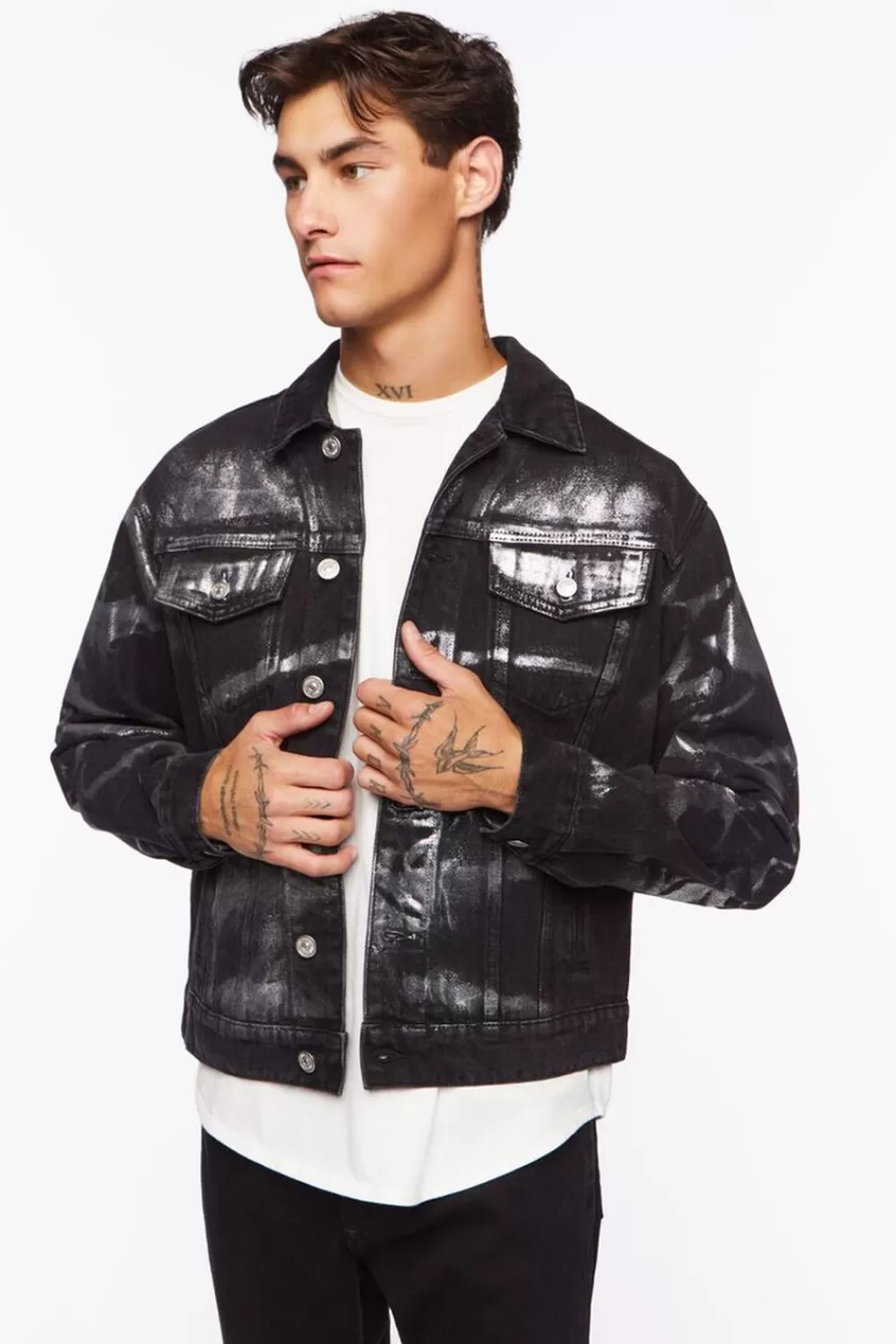 Jackets + Outerwear>Forever 21 Metallic Denim Trucker Jacket Black