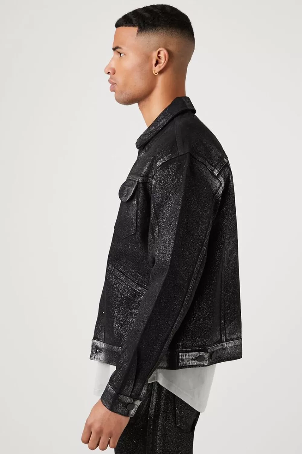 Jackets + Outerwear>Forever 21 Metallic Wash Denim Jacket Black