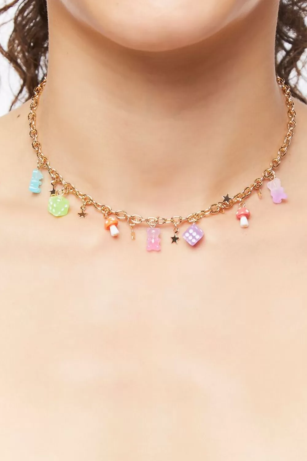 Necklaces>Forever 21 Mushroom & Bear Charm Necklace Gold/Multi