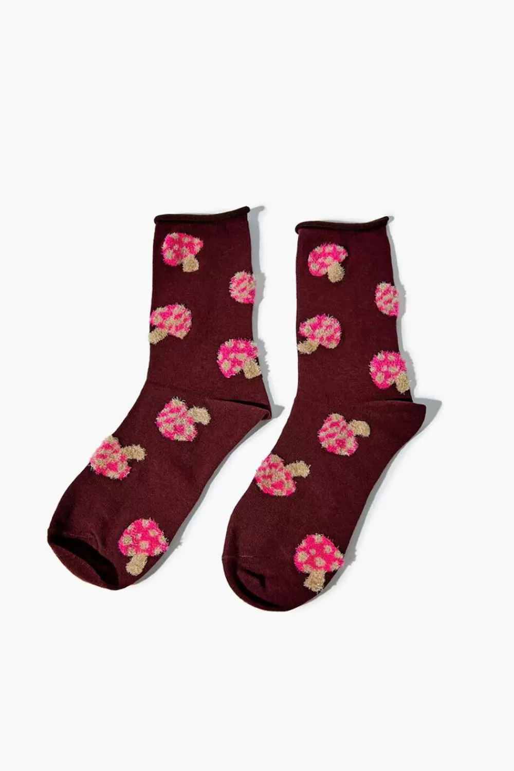 Socks + Tights>Forever 21 Mushroom Crew Socks Burgundy/Multi
