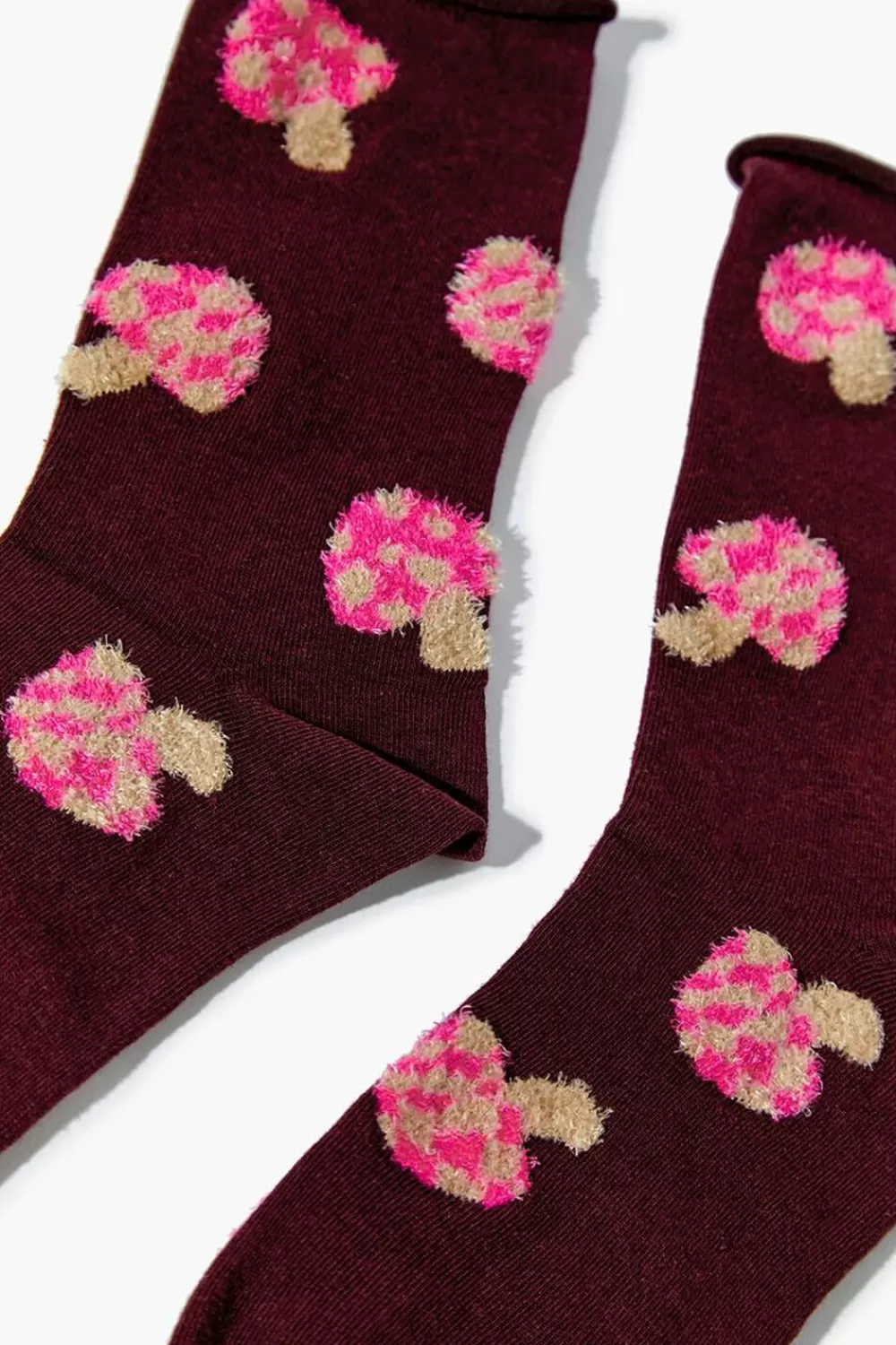 Socks + Tights>Forever 21 Mushroom Crew Socks Burgundy/Multi