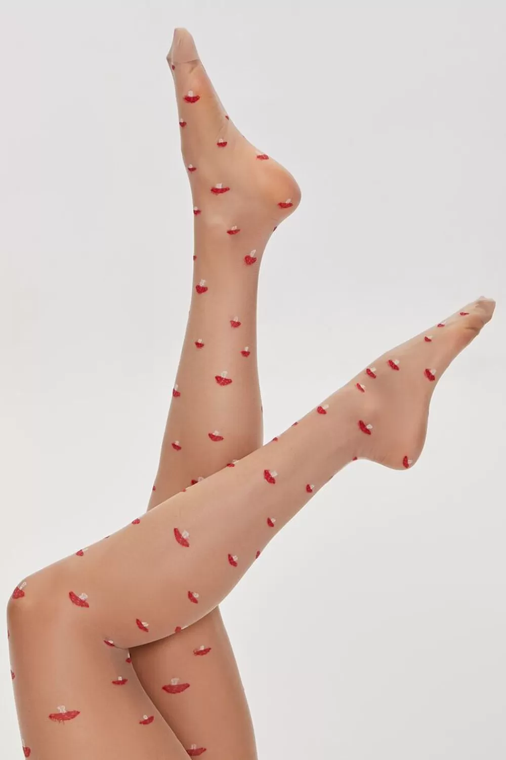 Socks + Tights>Forever 21 Mushroom Print Tights Nude/Red
