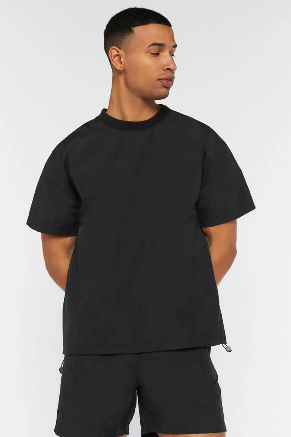 Activewear + Athletic>Forever 21 Nylon Drawstring Flap-Pocket Shorts Black