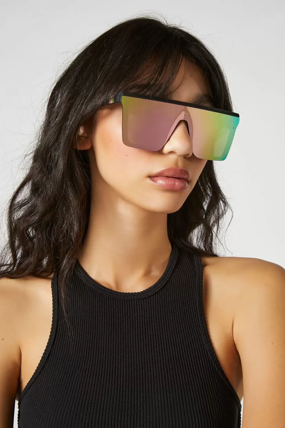 Sunglasses + Readers>Forever 21 Oversized Iridescent Shield Sunglasses Black/Multi
