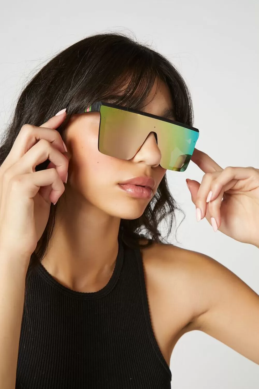 Sunglasses + Readers>Forever 21 Oversized Iridescent Shield Sunglasses Black/Multi