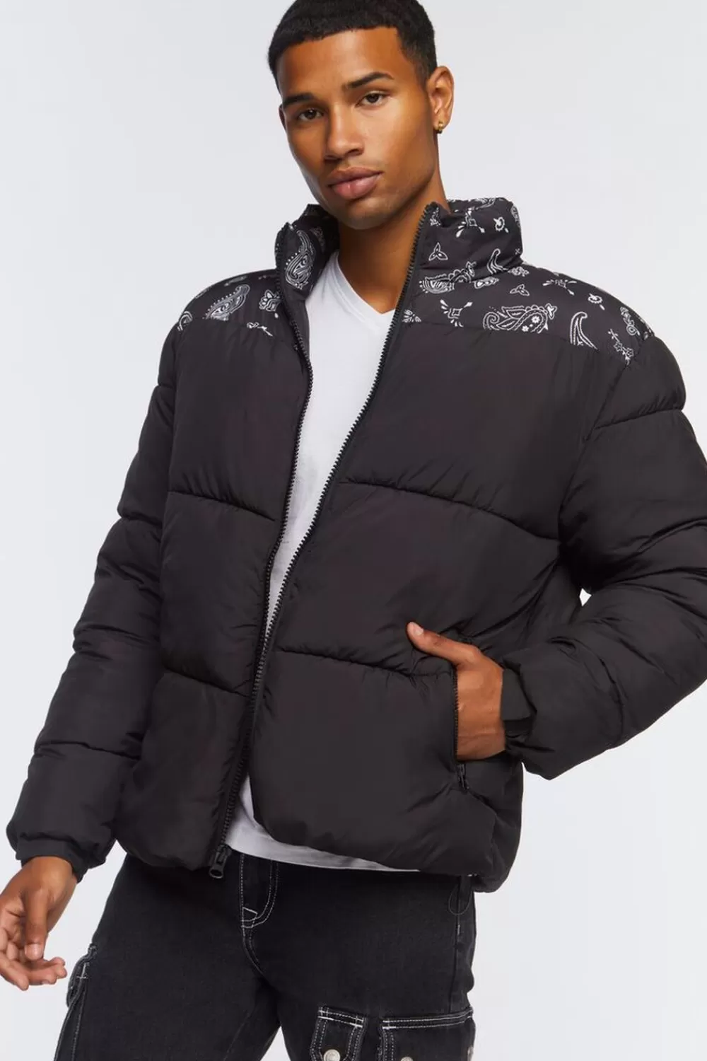 Jackets + Outerwear>Forever 21 Paisley Print Puffer Jacket Black/White