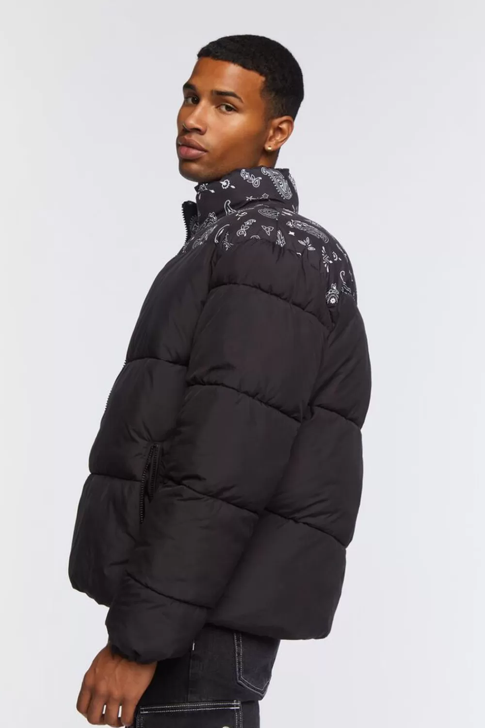 Jackets + Outerwear>Forever 21 Paisley Print Puffer Jacket Black/White
