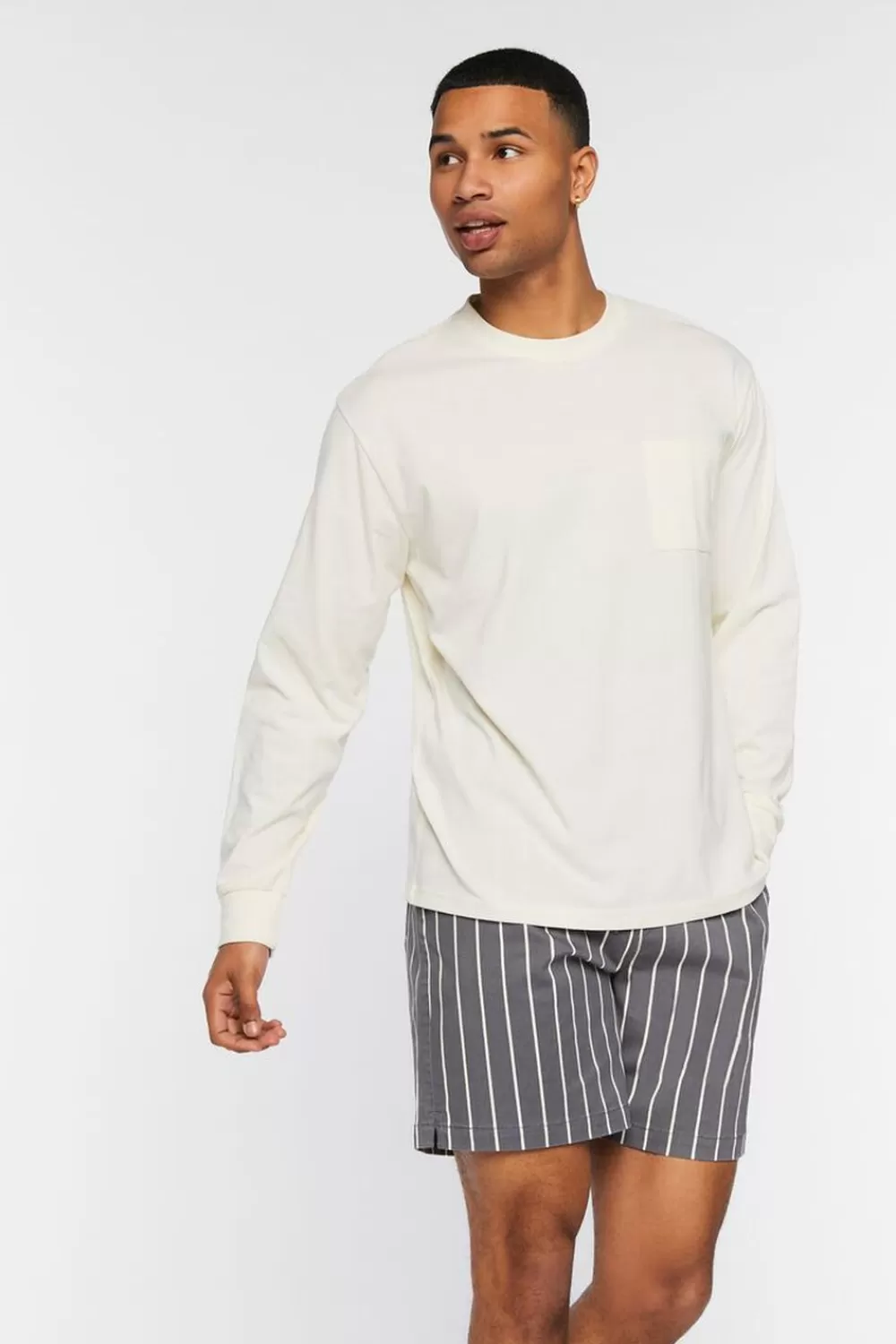 Activewear + Athletic>Forever 21 Pinstriped Drawstring Shorts Grey/Cream