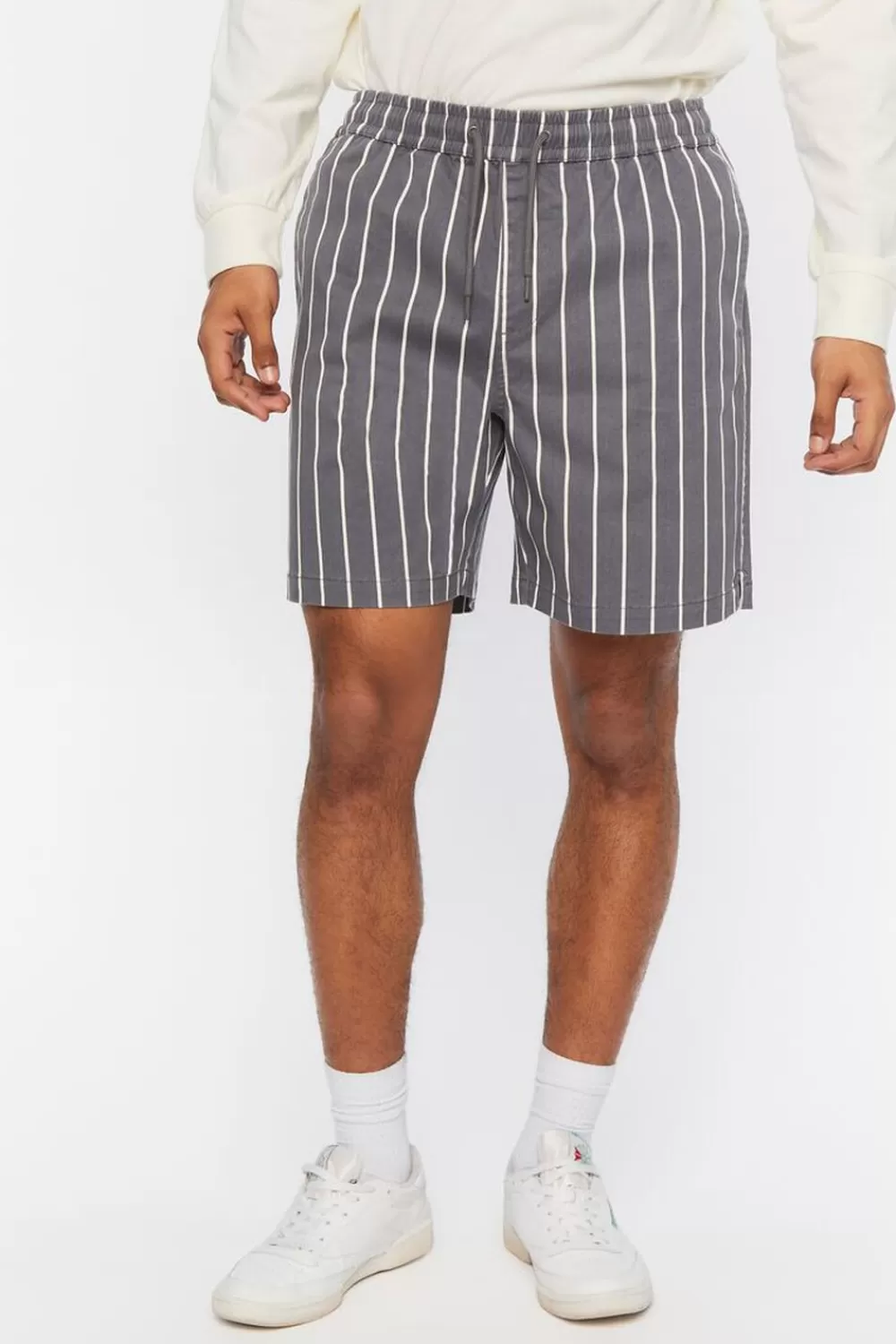 Activewear + Athletic>Forever 21 Pinstriped Drawstring Shorts Grey/Cream