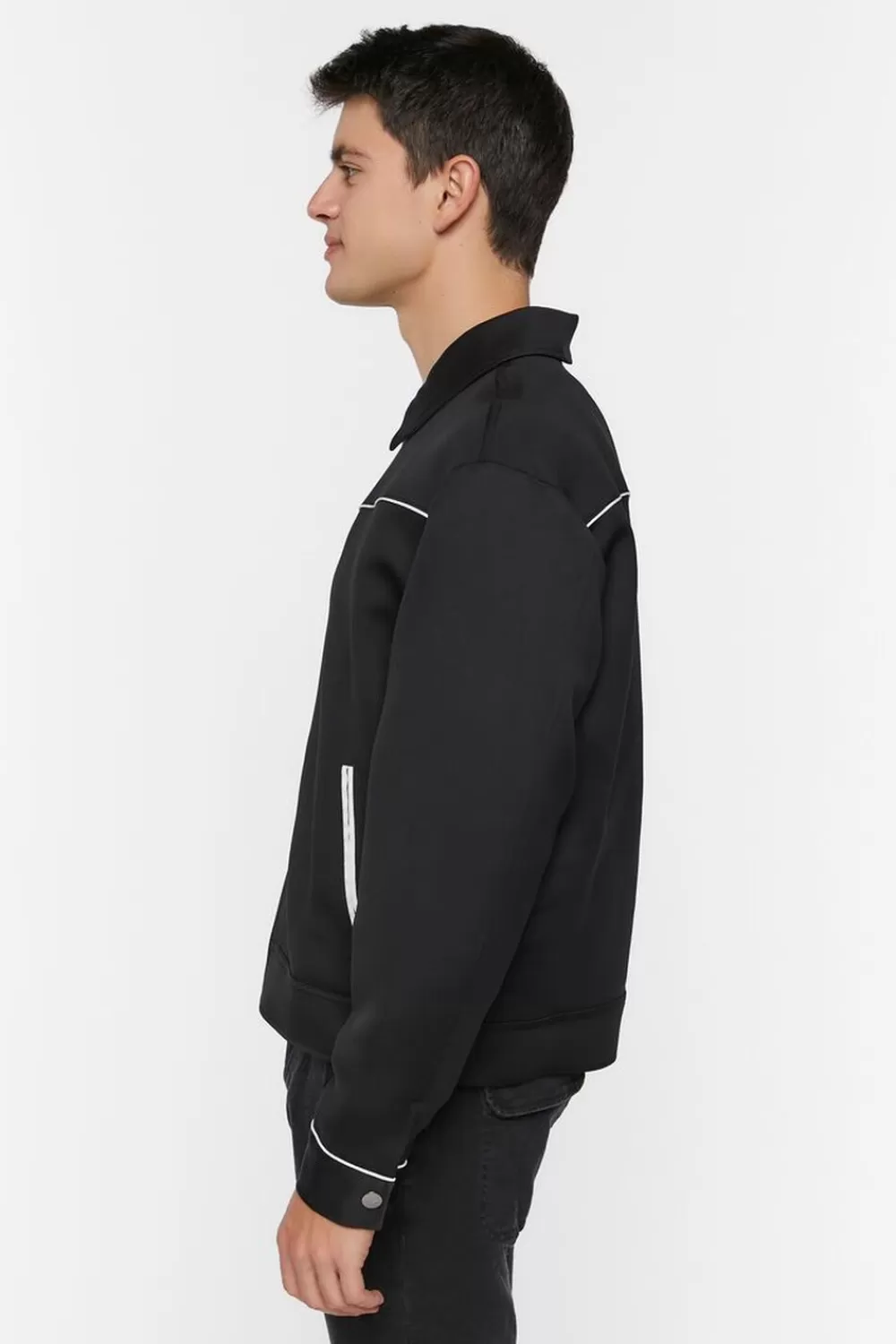 Jackets + Outerwear>Forever 21 Piped-Trim Bomber Jacket Black/White