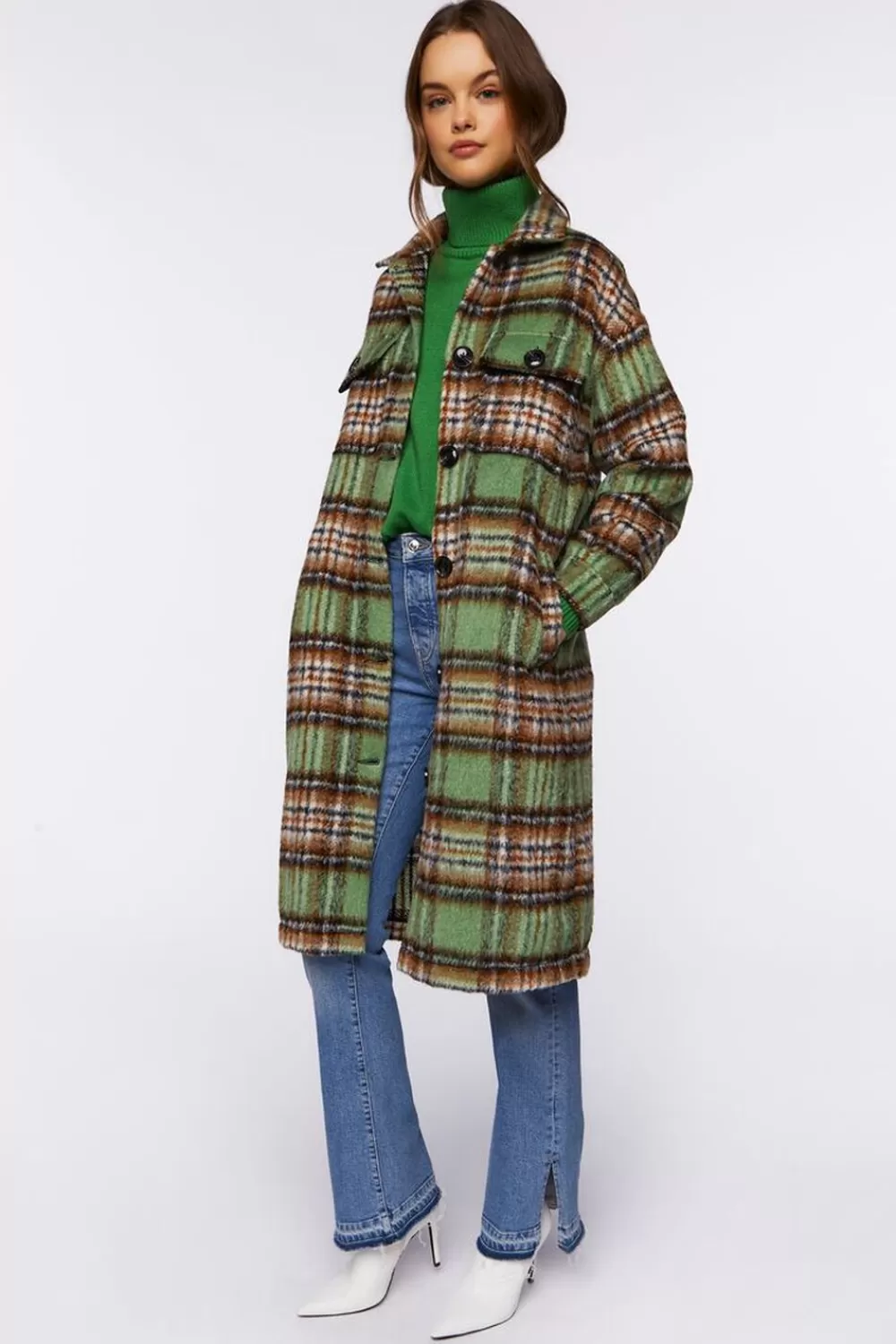 Jackets + Outerwear>Forever 21 Plaid Buttoned Duster Jacket Sage/Multi