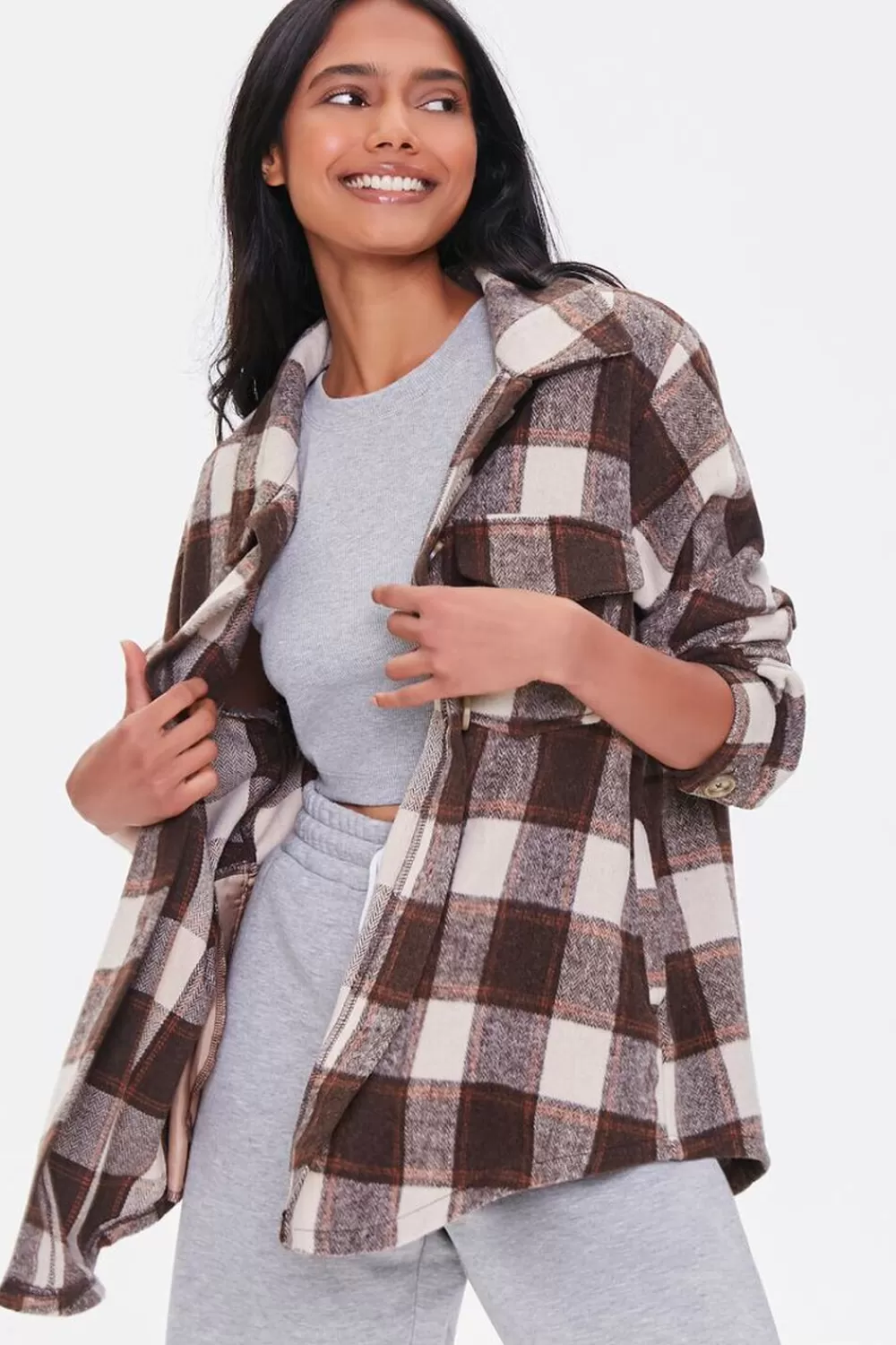 Jackets + Outerwear>Forever 21 Plaid Button-Front Shacket Brown/Multi