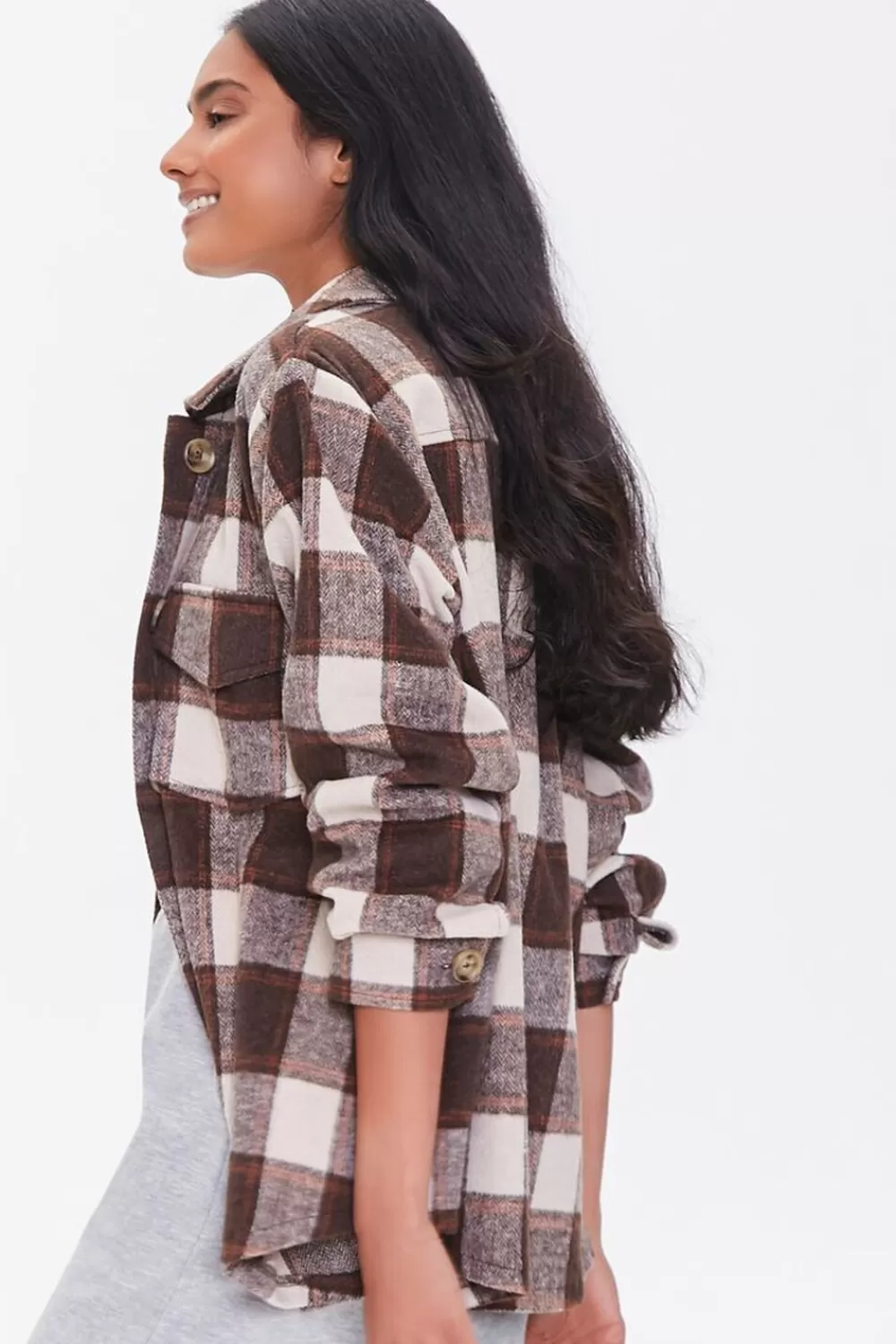 Jackets + Outerwear>Forever 21 Plaid Button-Front Shacket Brown/Multi