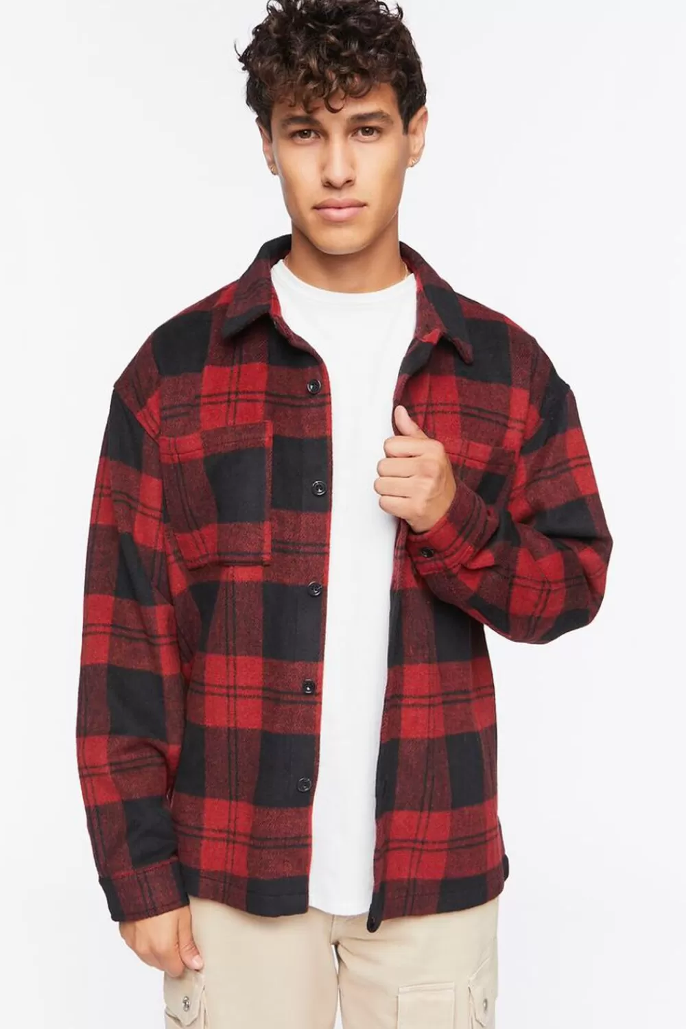 Jackets + Outerwear>Forever 21 Plaid Button-Up Shirt Red/Black