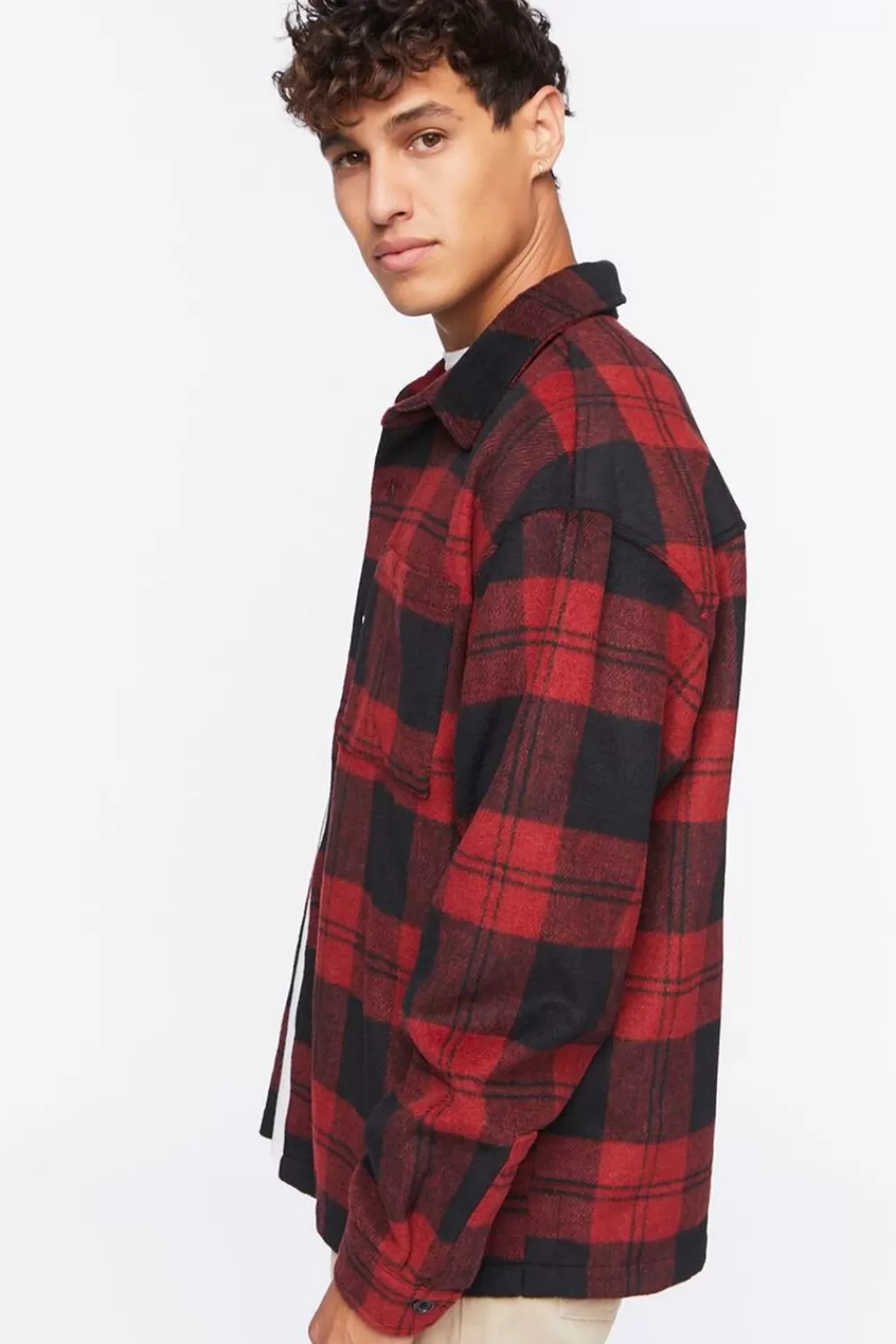 Jackets + Outerwear>Forever 21 Plaid Button-Up Shirt Red/Black