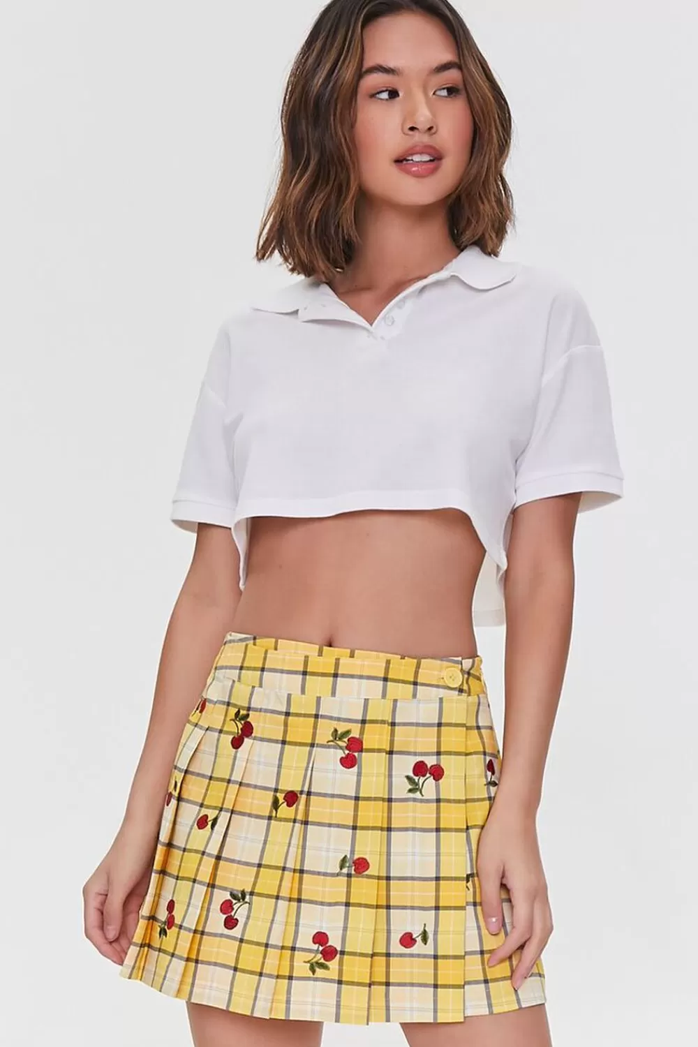 Bottoms>Forever 21 Plaid Cherry Embroidered Skort Yellow/Multi