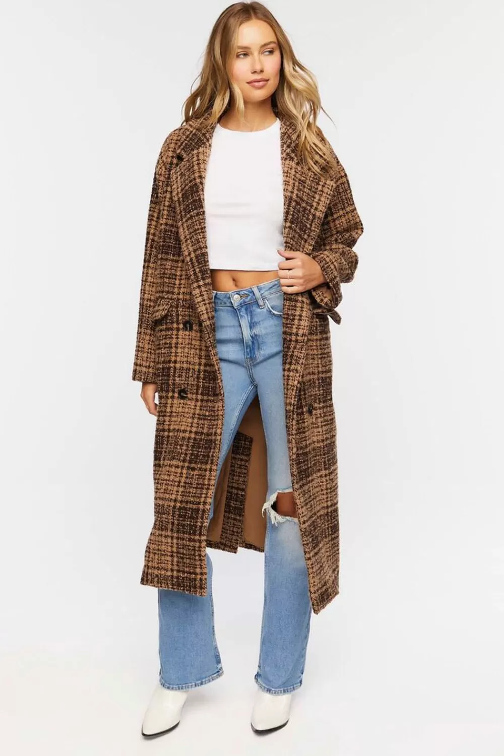 Jackets + Outerwear>Forever 21 Plaid Double-Breasted Longline Coat Dark Brown/Tan