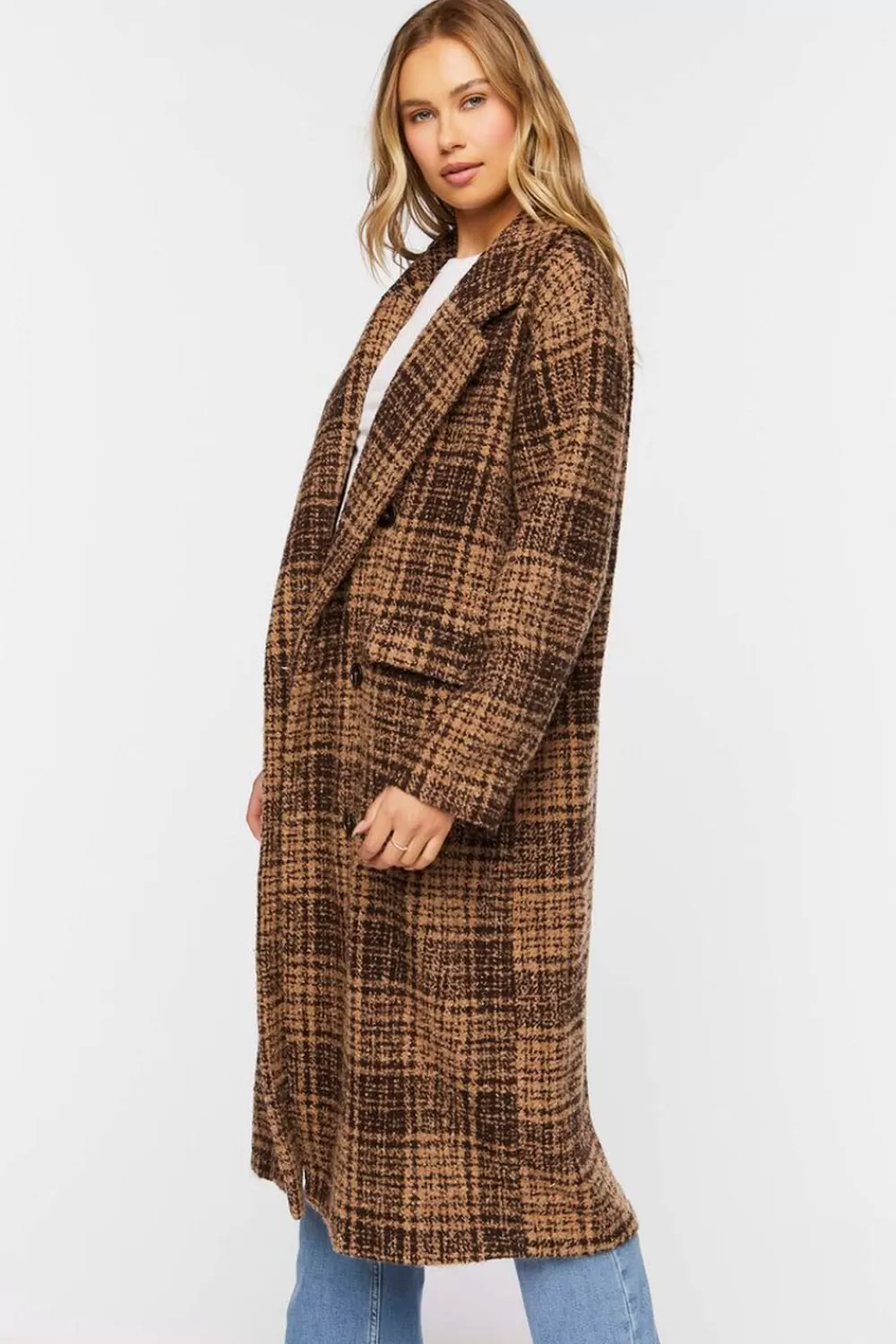 Jackets + Outerwear>Forever 21 Plaid Double-Breasted Longline Coat Dark Brown/Tan