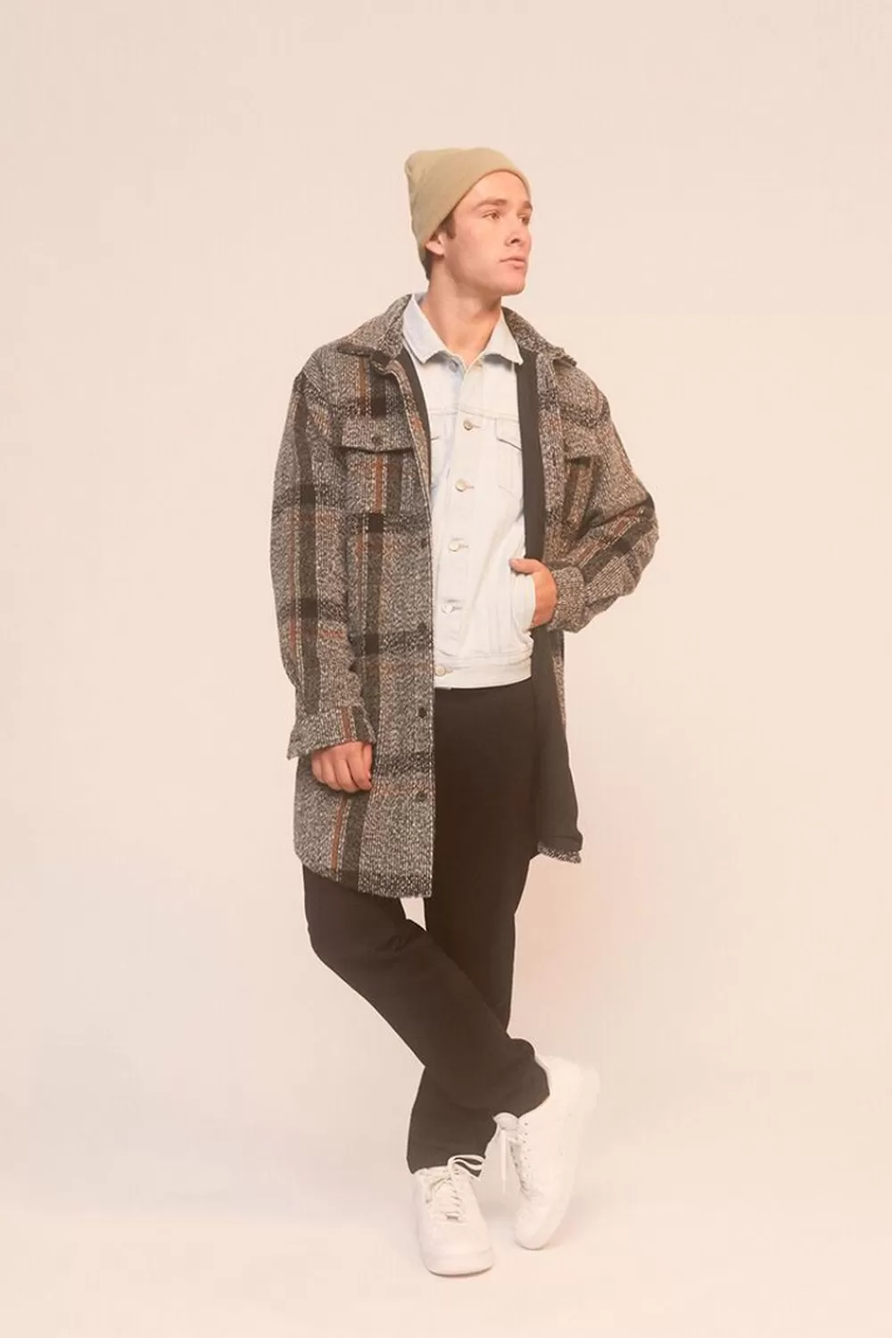 Jackets + Outerwear>Forever 21 Plaid Longline Shacket Grey/Multi