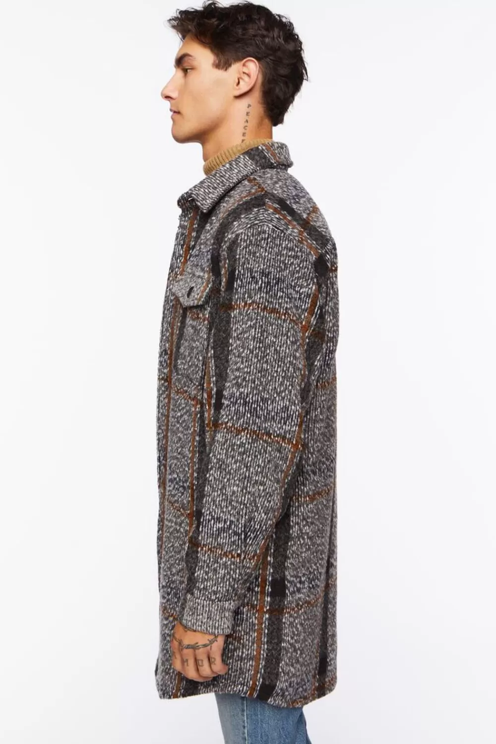 Jackets + Outerwear>Forever 21 Plaid Longline Shacket Grey/Multi