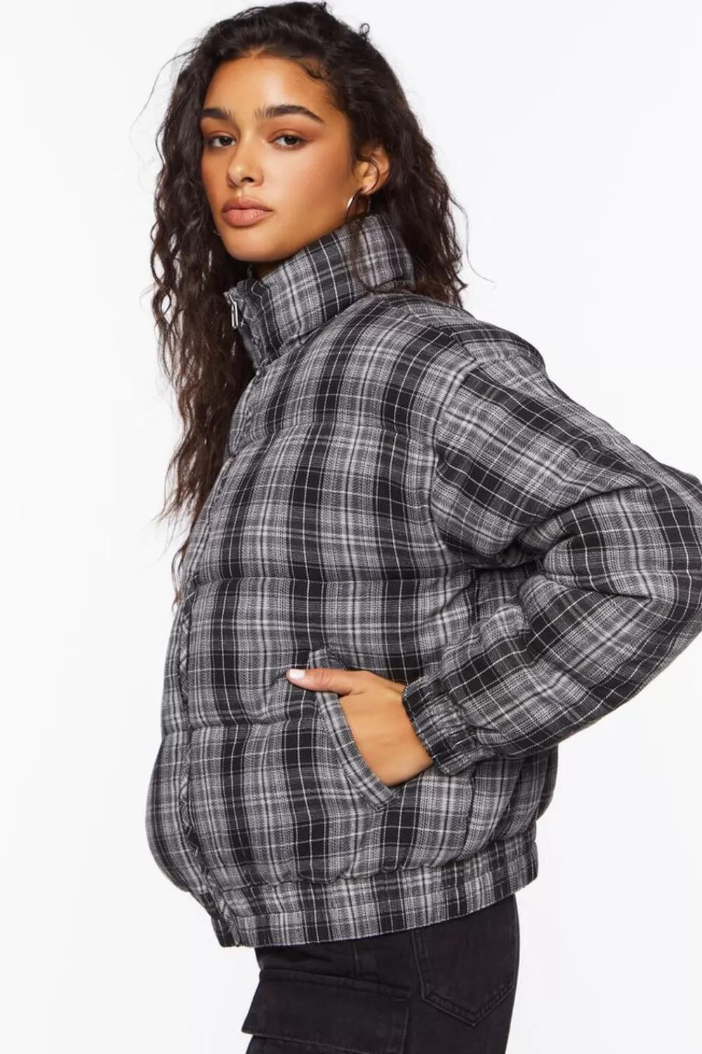 Jackets + Outerwear>Forever 21 Plaid Puffer Jacket Black/Multi