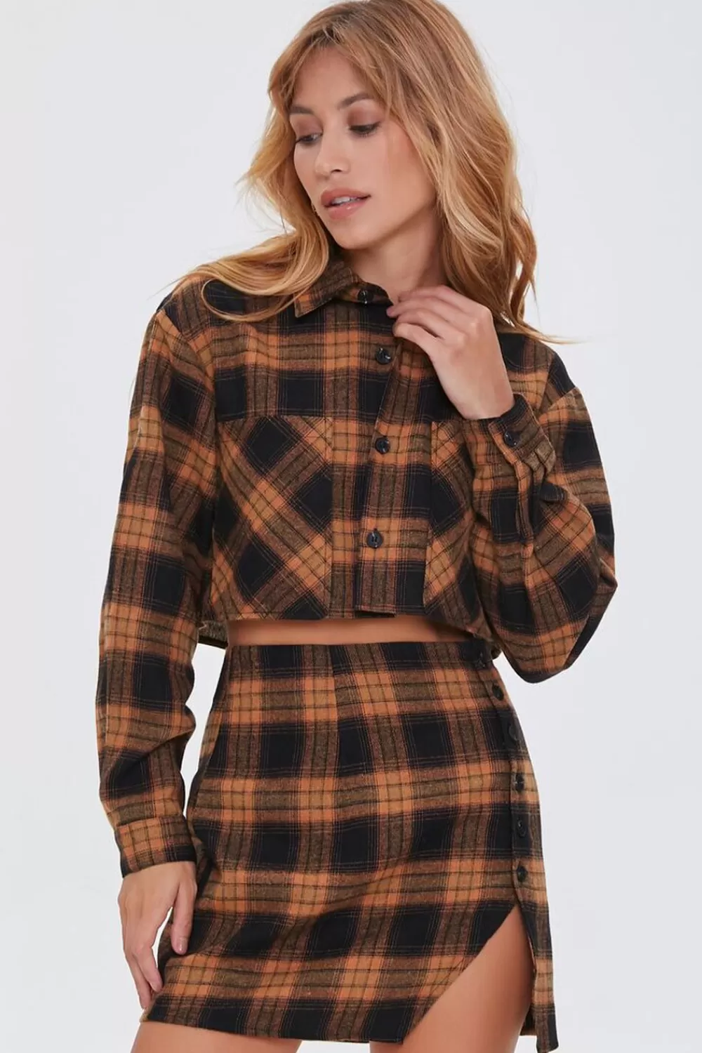 Forever 21 Plaid Shirt & Buttoned Skirt Set | Women Dresses