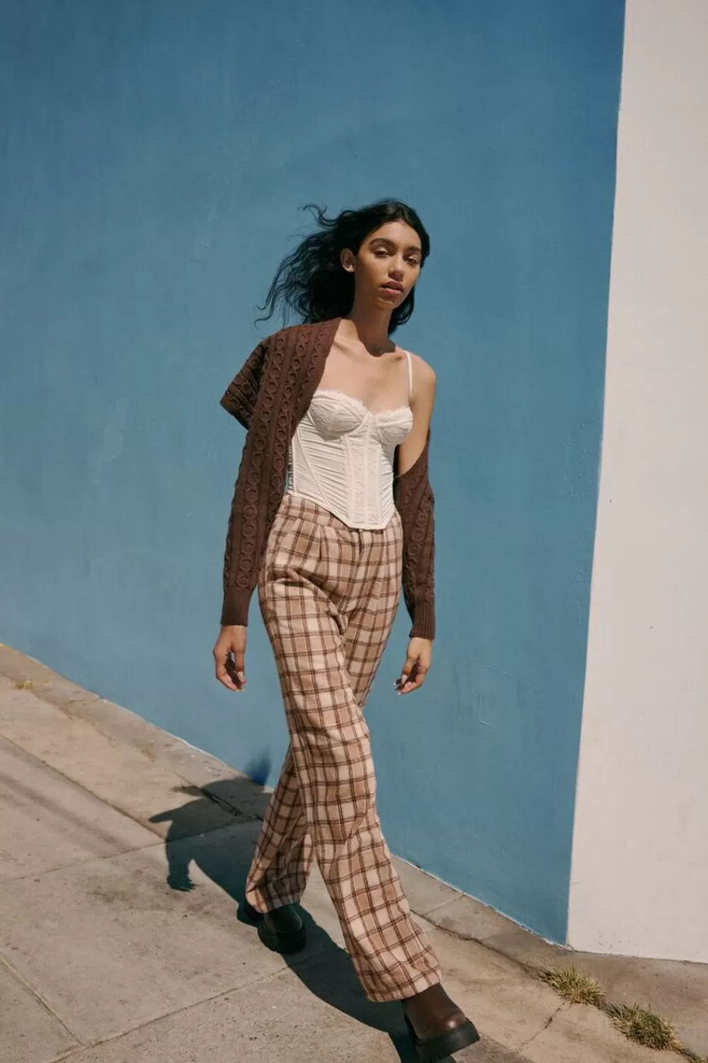 Bottoms>Forever 21 Plaid Straight-Leg Pants Tan/Multi