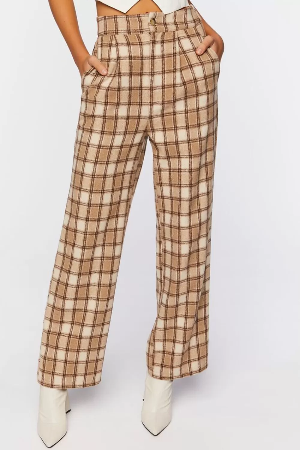 Bottoms>Forever 21 Plaid Straight-Leg Pants Tan/Multi