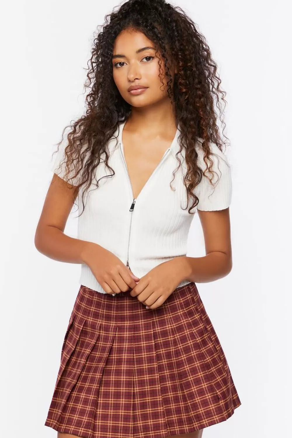 Bottoms>Forever 21 Pleated Plaid Mini Skirt Burgundy/Multi