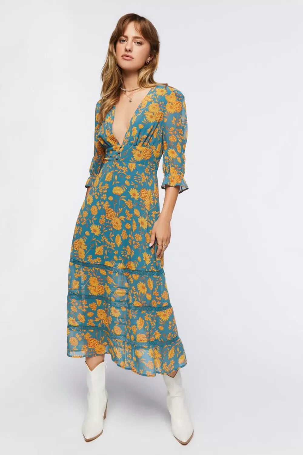 Forever 21 Plunging Floral Chiffon Midi Dress | Women Dresses