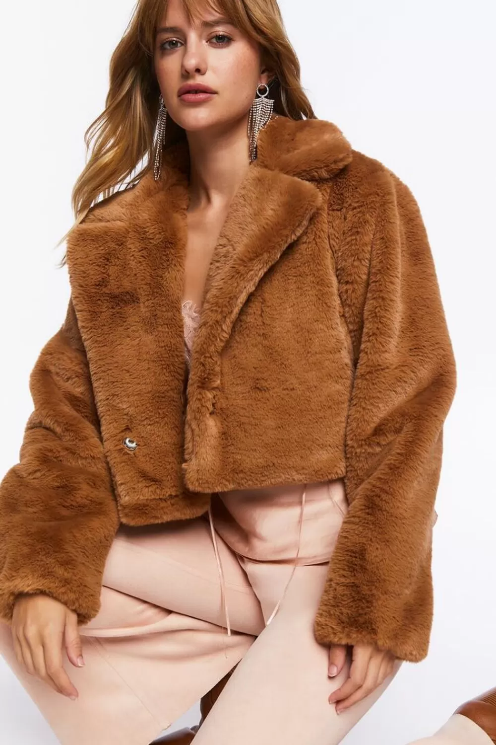 Jackets + Outerwear>Forever 21 Plush Cropped Coat Cappuccino