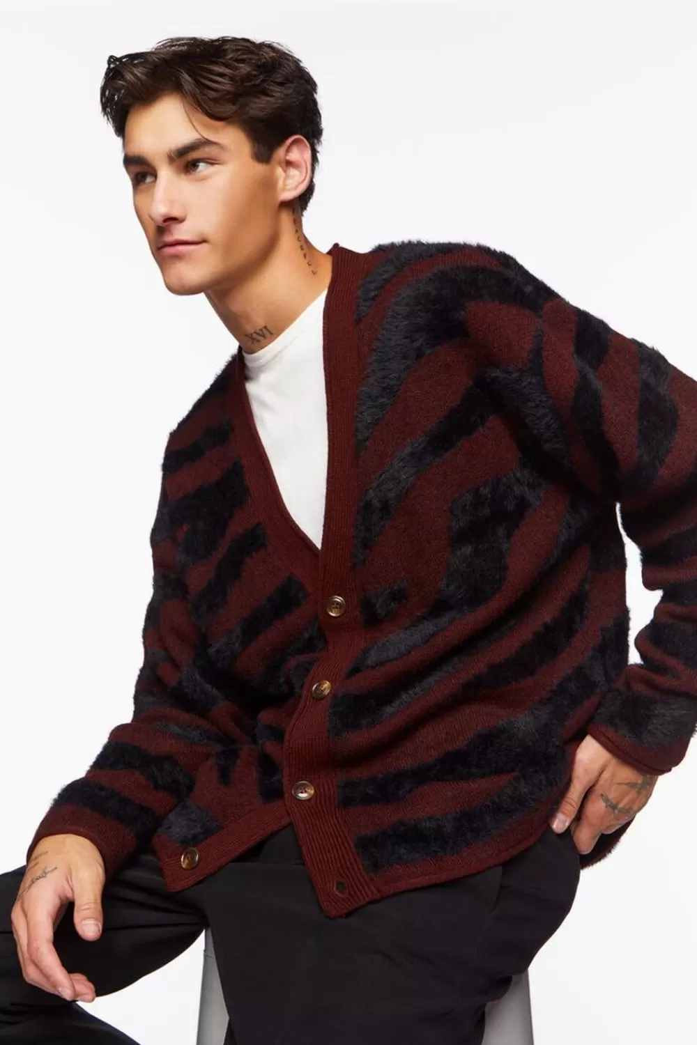 Sweaters + Cardigans>Forever 21 Plush Zebra Print Cardigan Sweater Brown/Black