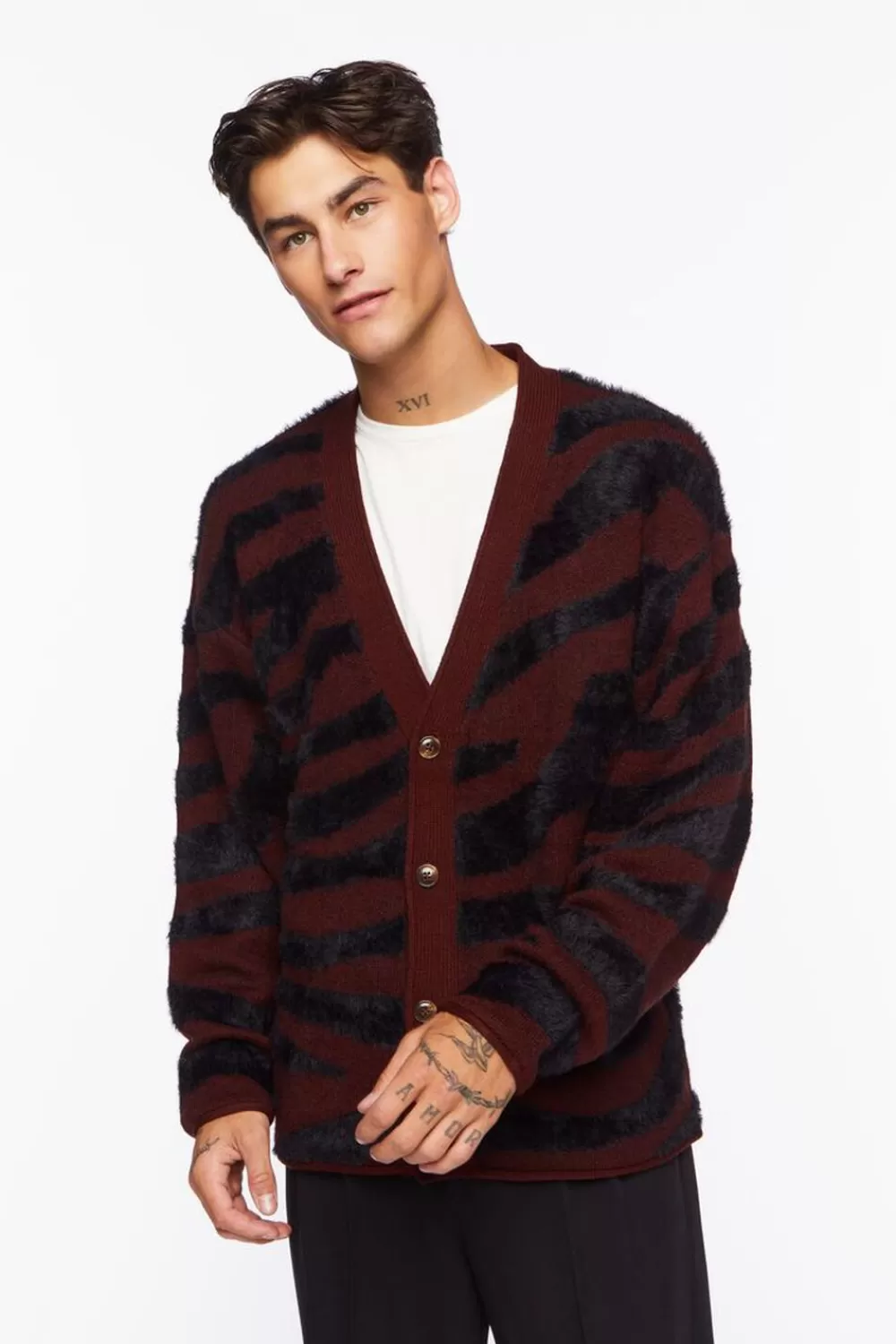 Sweaters + Cardigans>Forever 21 Plush Zebra Print Cardigan Sweater Brown/Black