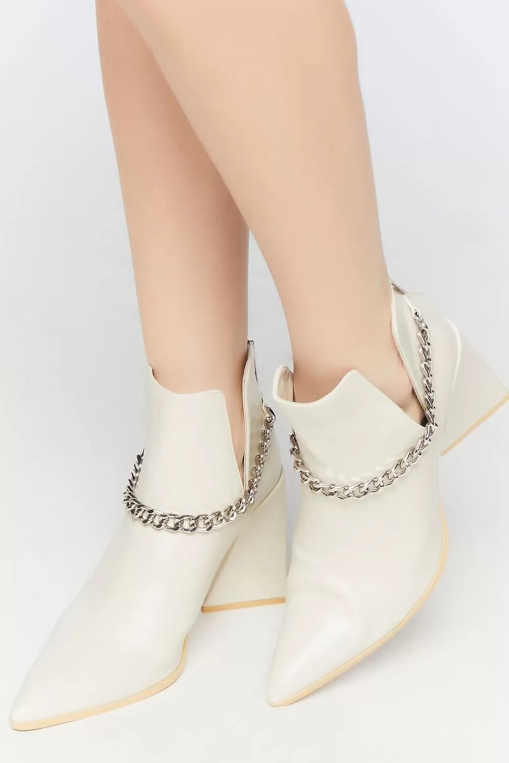 Boots + Booties>Forever 21 Pointed Curb Chain Flare Heel Booties White