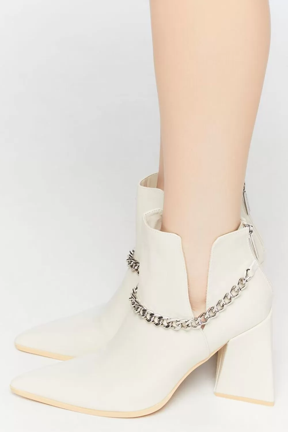Boots + Booties>Forever 21 Pointed Curb Chain Flare Heel Booties White