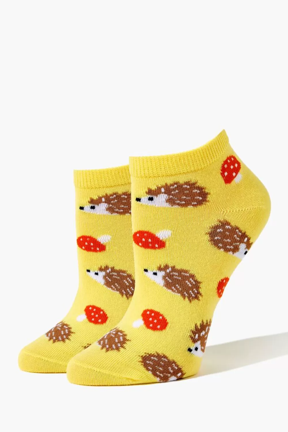 Socks + Tights>Forever 21 Porcupine & Mushroom Print Ankle Socks Yellow/Multi