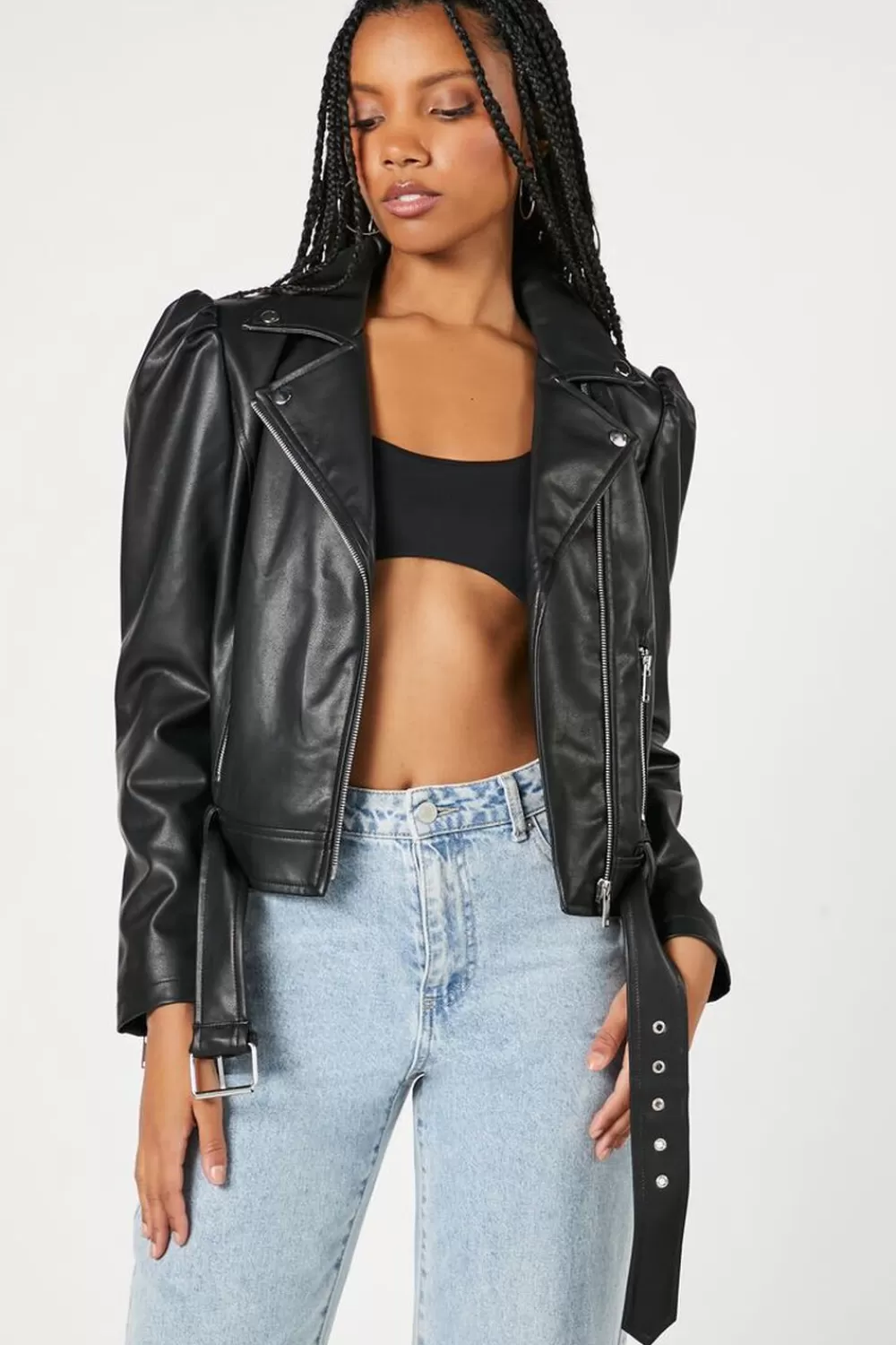 Jackets + Outerwear>Forever 21 Puff-Sleeve Moto Jacket Black