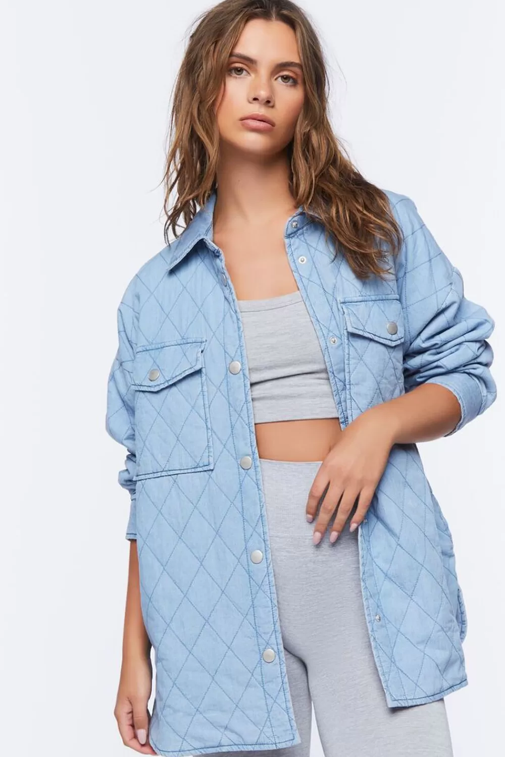 Jackets + Outerwear>Forever 21 Quilted Dolphin-Hem Shacket Medium Denim