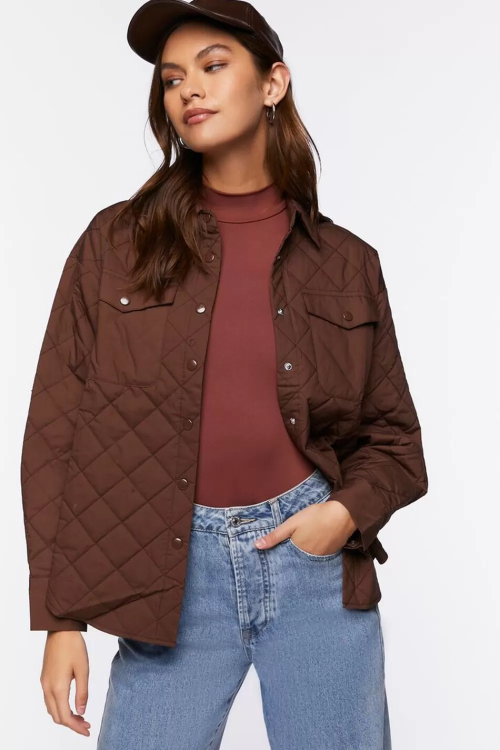 Jackets + Outerwear>Forever 21 Quilted Dolphin-Hem Shacket Chocolate