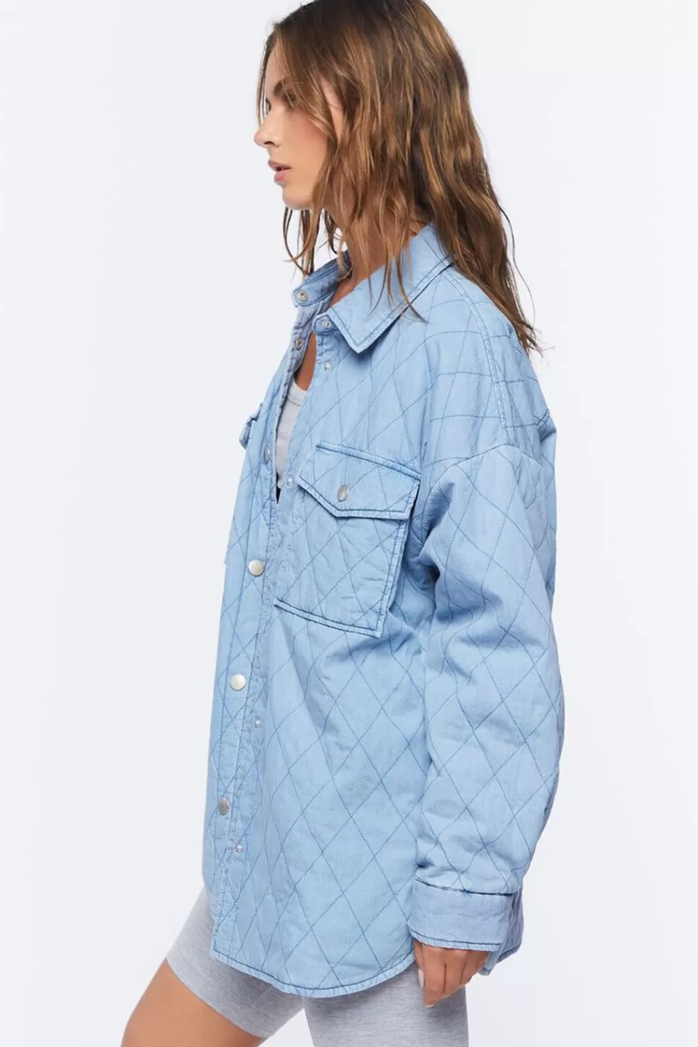 Jackets + Outerwear>Forever 21 Quilted Dolphin-Hem Shacket Medium Denim