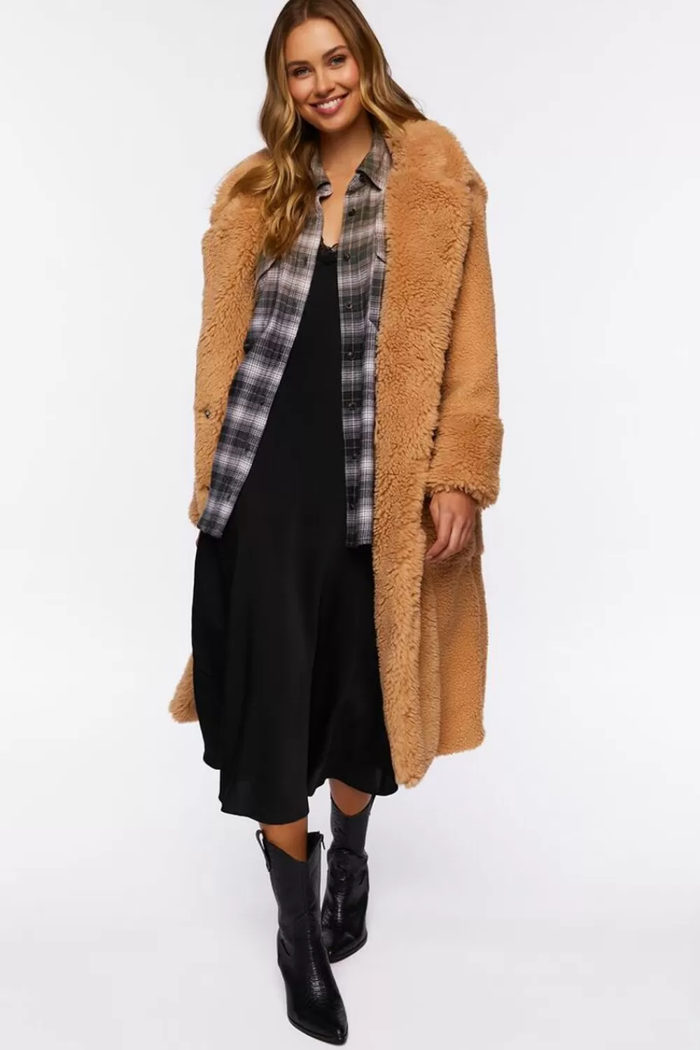 Jackets + Outerwear>Forever 21 Quilted Faux Shearling Duster Coat Tan