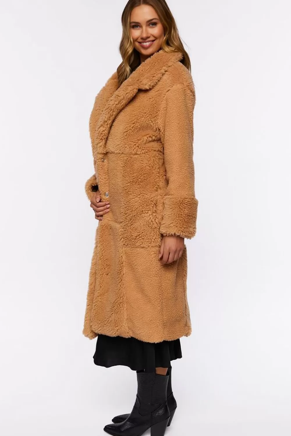Jackets + Outerwear>Forever 21 Quilted Faux Shearling Duster Coat Tan