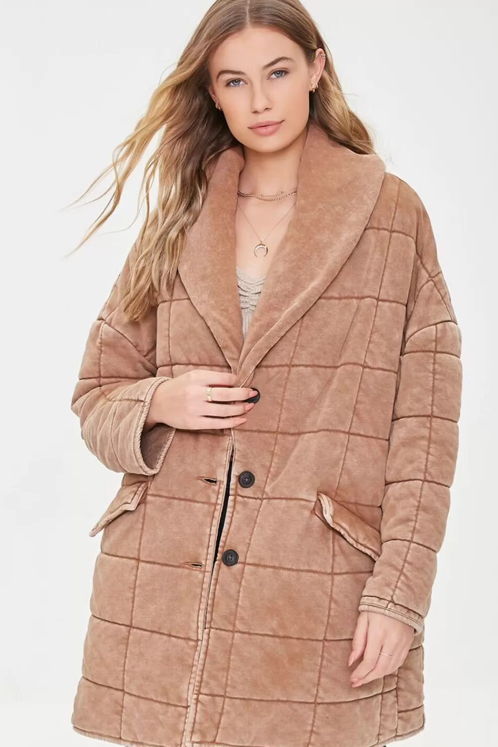 Jackets + Outerwear>Forever 21 Quilted Longline Jacket Taupe